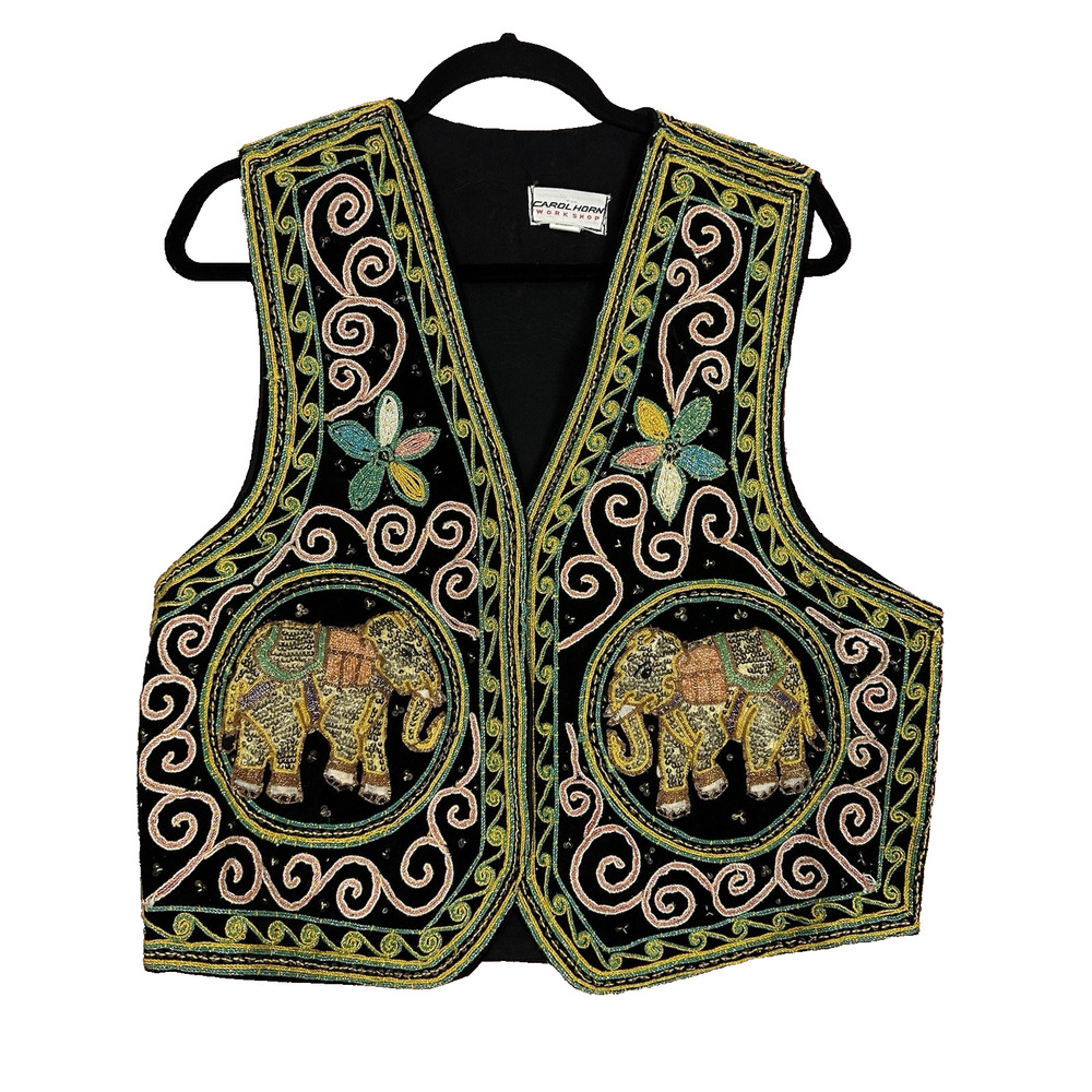 Carol Horn Workshop Vest M/L Vintage Hand Embroidered Elephant Sequined